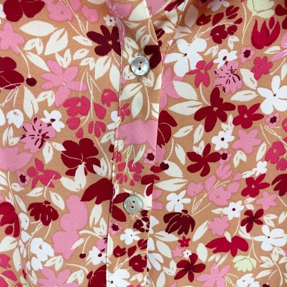 NANETTE LEPORE Boho Pink Burgundy Office Floral Edwardian Puff Button down Top L - Picture 3 of 12